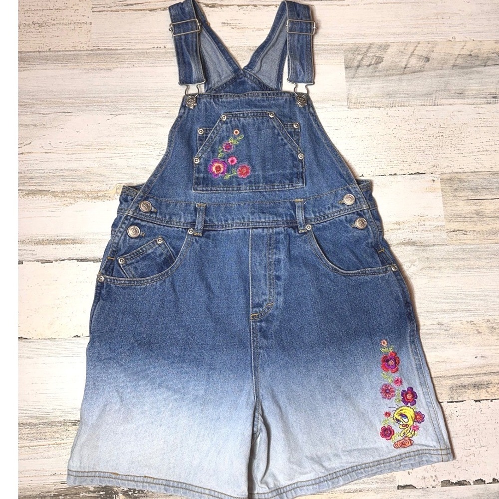 Looney Tunes Denim Shortalls Kids 10/12 Blue Ombre Excellent Tweety Bird Vintage